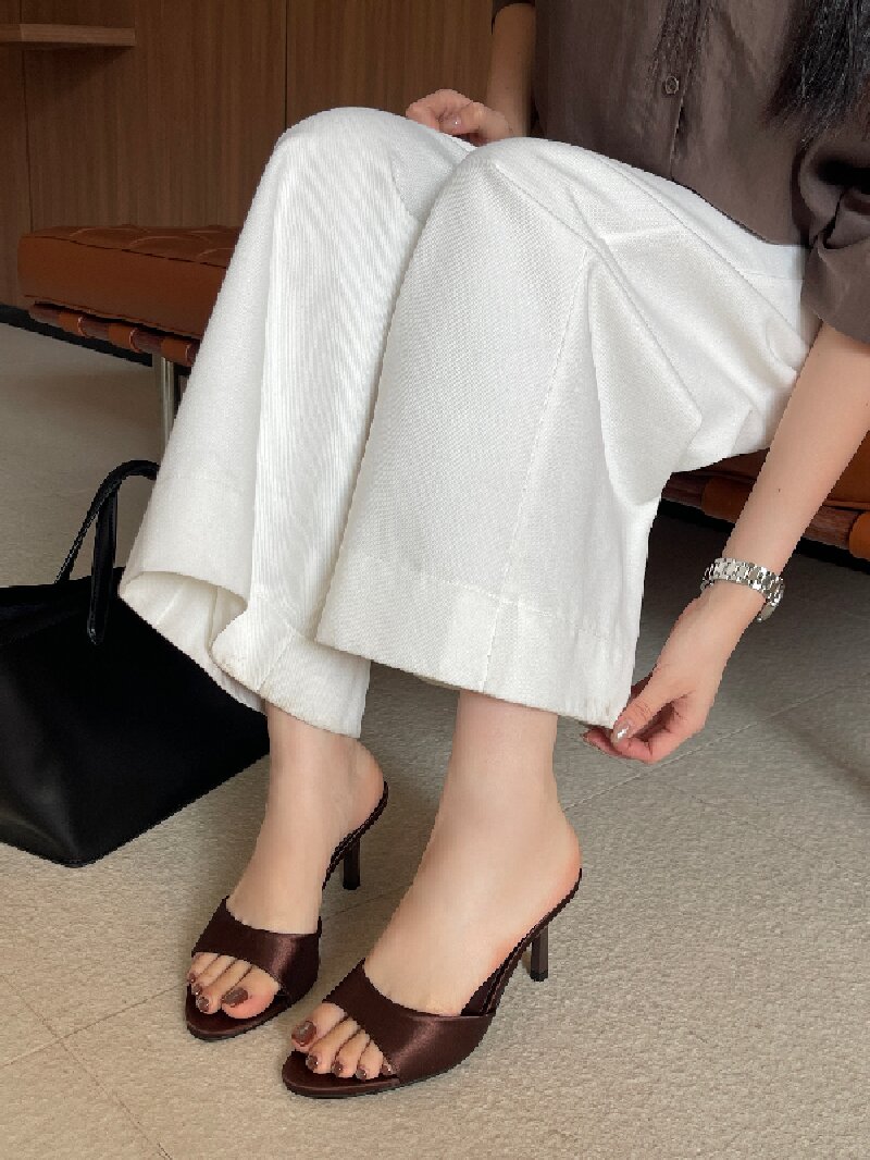 2026 New High Heel Slide Sandals for Women One Strap Open Toe Satin