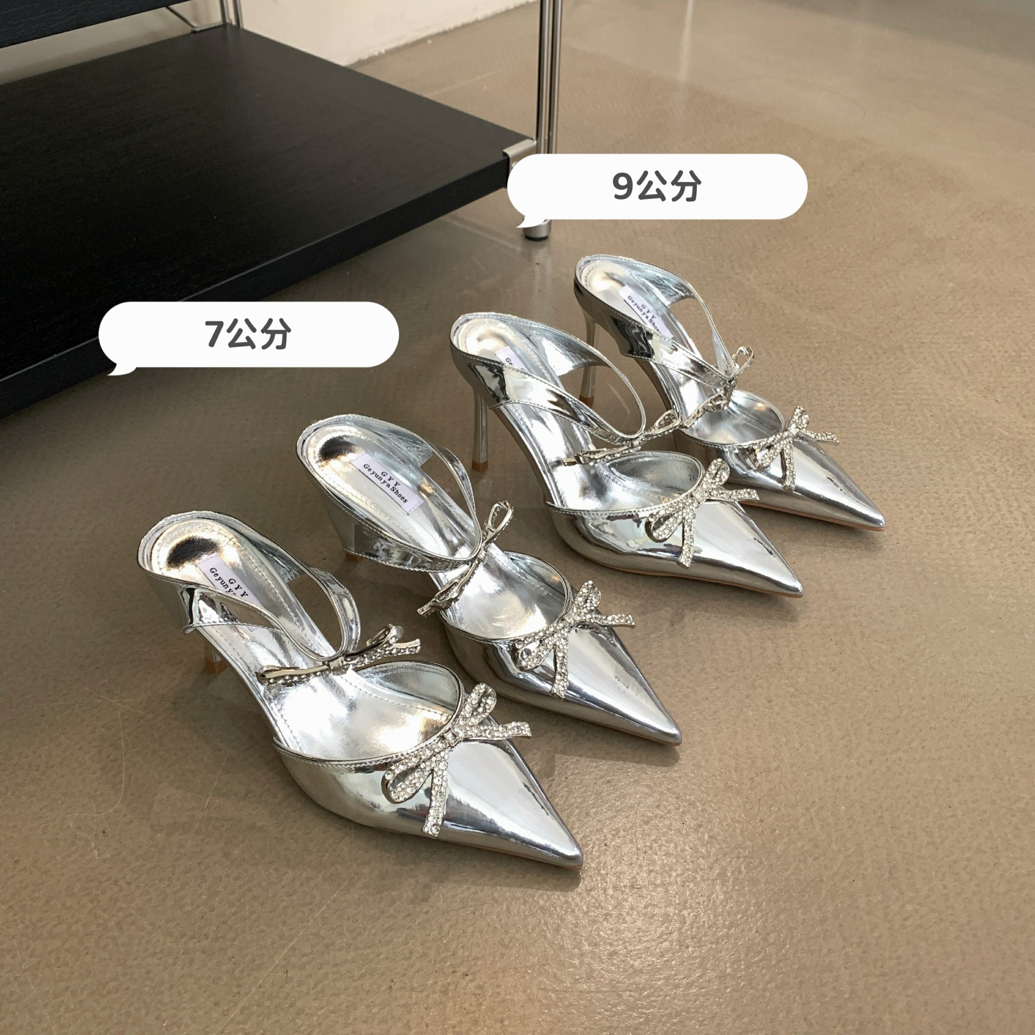 2026 Spring New Bow Rhinestone Pointed Toe Strap Heels Sandals Slippers Women 35-40