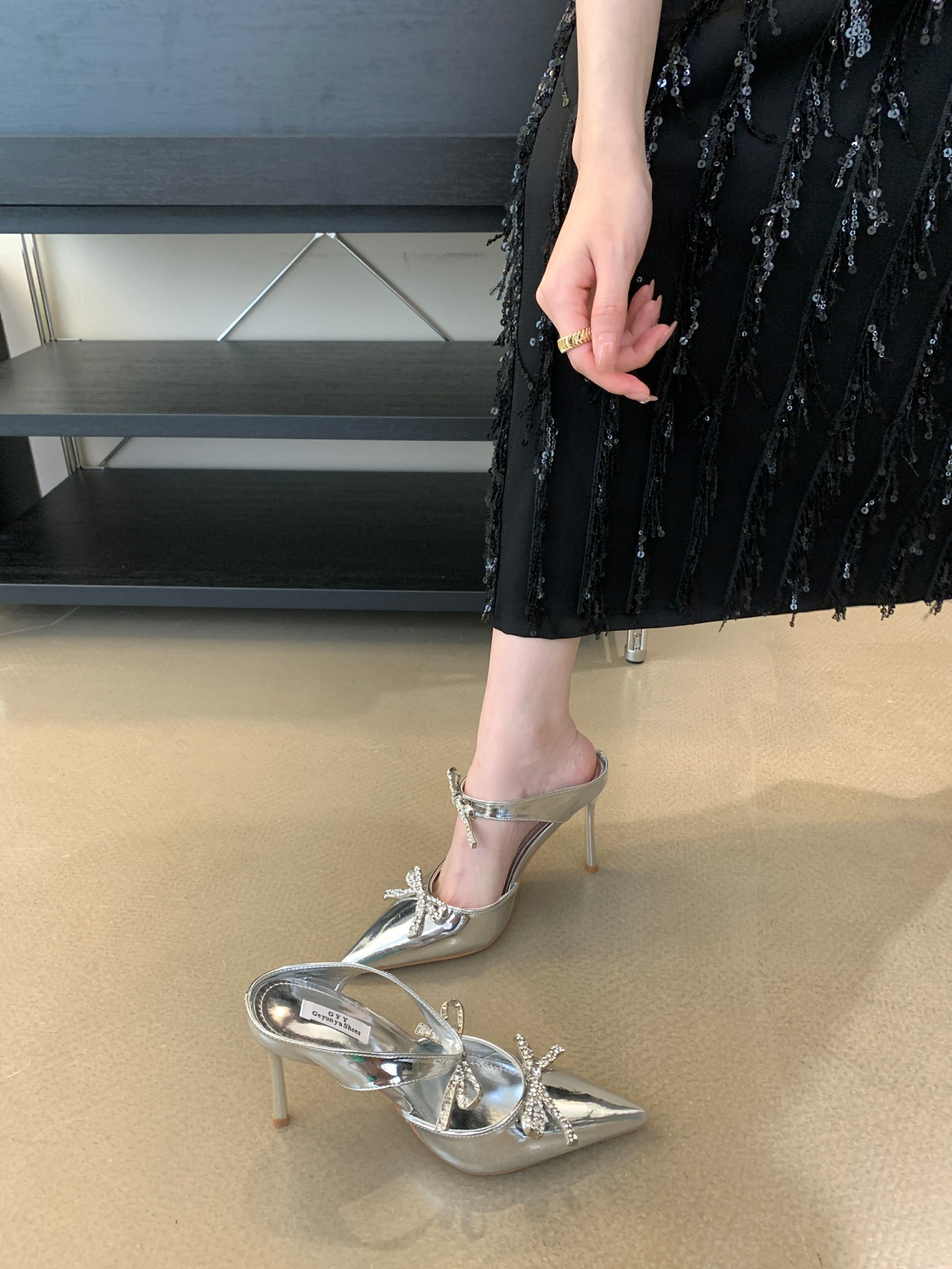 2026 Spring New Bow Rhinestone Pointed Toe Strap Heels Sandals Slippers Women 35-40 - Image 3