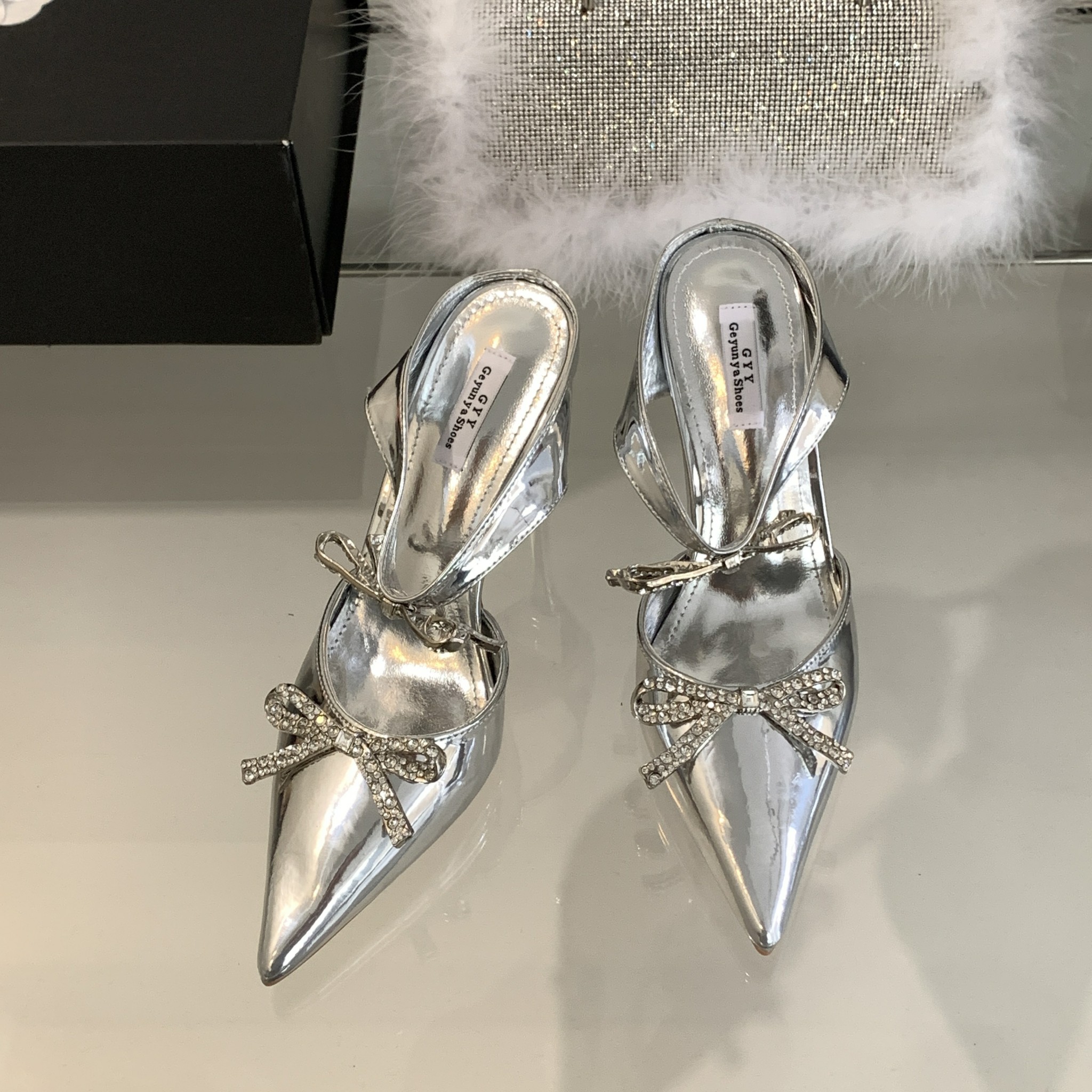 2026 Spring New Bow Rhinestone Pointed Toe Strap Heels Sandals Slippers Women 35-40 - Image 4